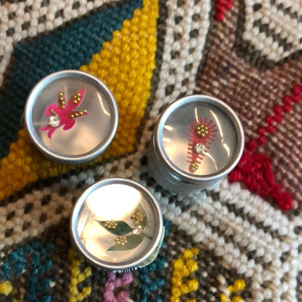 3 sparkly pink and green bindis from India.